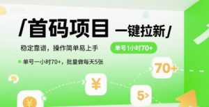首码一键拉新项目，稳定靠谱，操作简单易上手，单号一小时70+，批量做每天5张【揭秘】-项目资源库