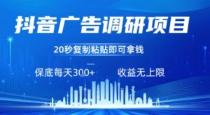 抖音广告调研项目，只需复制粘贴广告即可挣钱，任务不限量，一天稳定3张-项目资源库