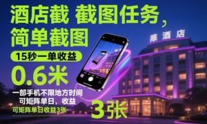 酒店截图任务,简单截图,15秒一单收益0.6米,一部手机不限地方时间,可矩阵单日收益3张【揭秘】-项目资源库