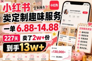 小红书卖定制趣味服务，一单6.88-14.88，227天卖了2w+份，到手13w+-项目资源库