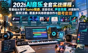 2026AI音乐实战课程，零基础从零学Suno编曲、混音优化、声音克隆、版权注册，覆盖多风格歌曲创作与账号变现-项目资源库