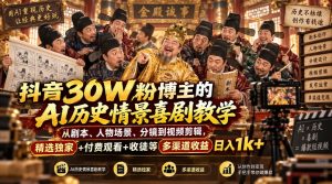 抖音30W粉博主的AI历史情景喜剧教学，从剧本、人物场景、分镜到视频剪辑，精选独家+付费观看+收徒等多渠道收益日入1k+-项目资源库