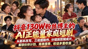 抖音130W粉丝博主的AI正能量家庭短剧,从剧本改写、三视图制作、分镜到剪辑成片,解锁伙伴计划、商单接单、收徒多重收益-项目资源库