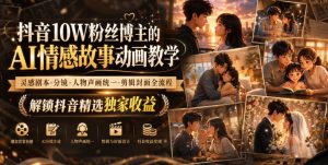 抖音10W粉丝博主的AI情感故事动画教学,灵感剧本‑分镜‑人物声画统一‑剪辑封面全流程,解锁抖音精选独家收益-项目资源库